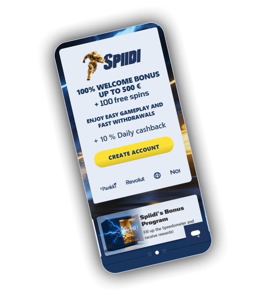 Spiidi Casino lobby with the yellow speed runner mascot and the 100 percent welcome banner