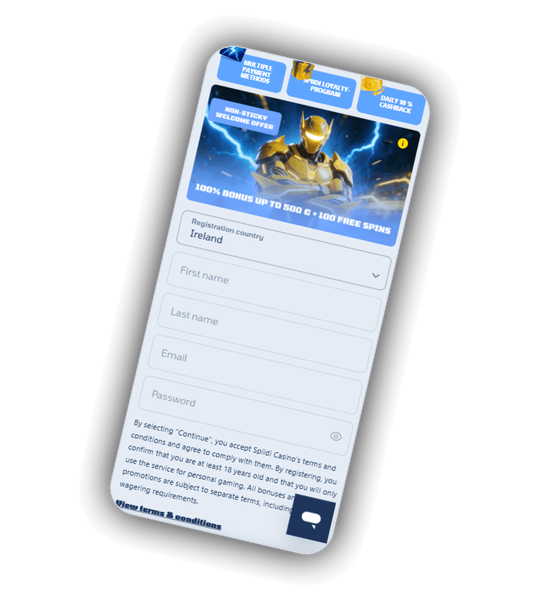 Spiidi Casino registration form on a phone with the yellow create account button
